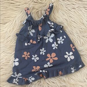 Navy Floral Ruffle Sundress with Coral & White Flowers